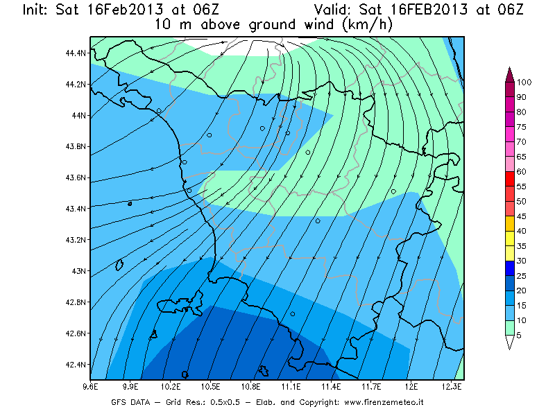 Mappa di analisi GFS - Velocità del vento a 10 metri dal suolo [km/h] in Toscana
									del 16/02/2013 06 <!--googleoff: index-->UTC<!--googleon: index-->