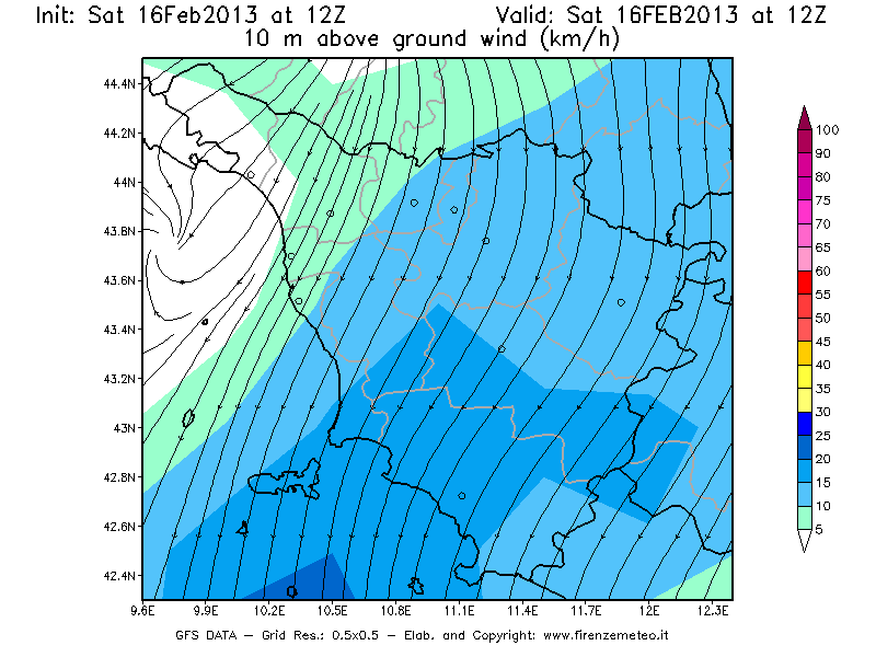 Mappa di analisi GFS - Velocità del vento a 10 metri dal suolo [km/h] in Toscana
									del 16/02/2013 12 <!--googleoff: index-->UTC<!--googleon: index-->