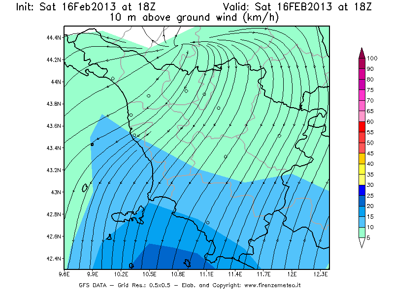 Mappa di analisi GFS - Velocità del vento a 10 metri dal suolo [km/h] in Toscana
									del 16/02/2013 18 <!--googleoff: index-->UTC<!--googleon: index-->