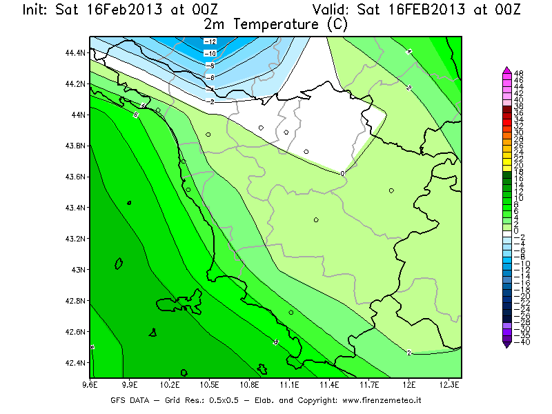 Mappa di analisi GFS - Temperatura a 2 metri dal suolo [°C] in Toscana
									del 16/02/2013 00 <!--googleoff: index-->UTC<!--googleon: index-->