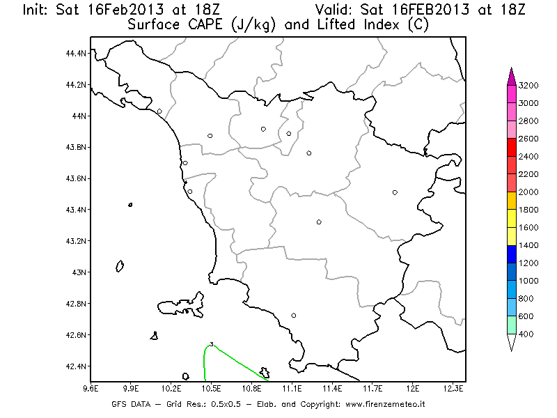 Mappa di analisi GFS - CAPE [J/kg] e Lifted Index [°C] in Toscana
									del 16/02/2013 18 <!--googleoff: index-->UTC<!--googleon: index-->