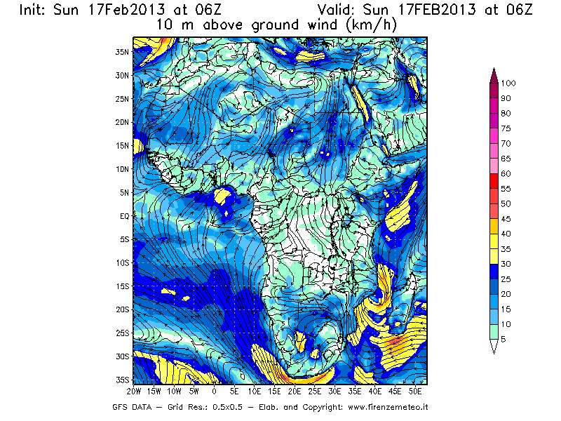 Mappa di analisi GFS - Velocità del vento a 10 metri dal suolo [km/h] in Africa
							del 17/02/2013 06 <!--googleoff: index-->UTC<!--googleon: index-->