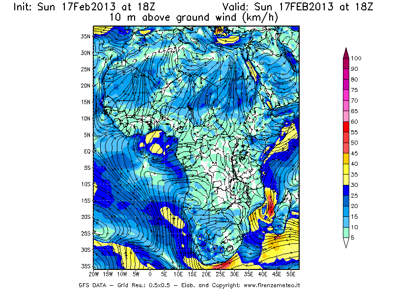 Mappa di analisi GFS - Velocità del vento a 10 metri dal suolo [km/h] in Africa
							del 17/02/2013 18 <!--googleoff: index-->UTC<!--googleon: index-->