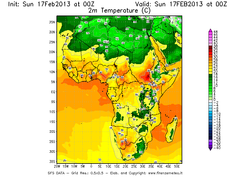Mappa di analisi GFS - Temperatura a 2 metri dal suolo [°C] in Africa
							del 17/02/2013 00 <!--googleoff: index-->UTC<!--googleon: index-->