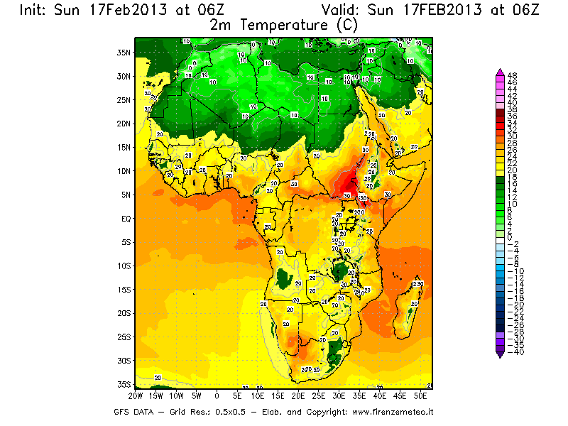 Mappa di analisi GFS - Temperatura a 2 metri dal suolo [°C] in Africa
							del 17/02/2013 06 <!--googleoff: index-->UTC<!--googleon: index-->