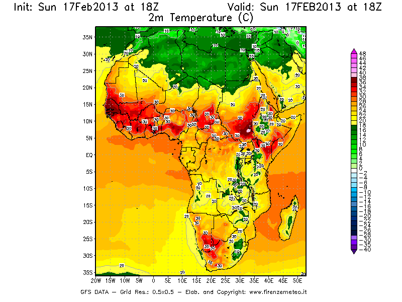 Mappa di analisi GFS - Temperatura a 2 metri dal suolo [°C] in Africa
							del 17/02/2013 18 <!--googleoff: index-->UTC<!--googleon: index-->