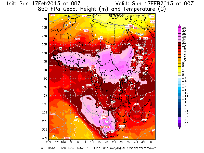 Mappa di analisi GFS - Geopotenziale [m] e Temperatura [°C] a 850 hPa in Africa
							del 17/02/2013 00 <!--googleoff: index-->UTC<!--googleon: index-->