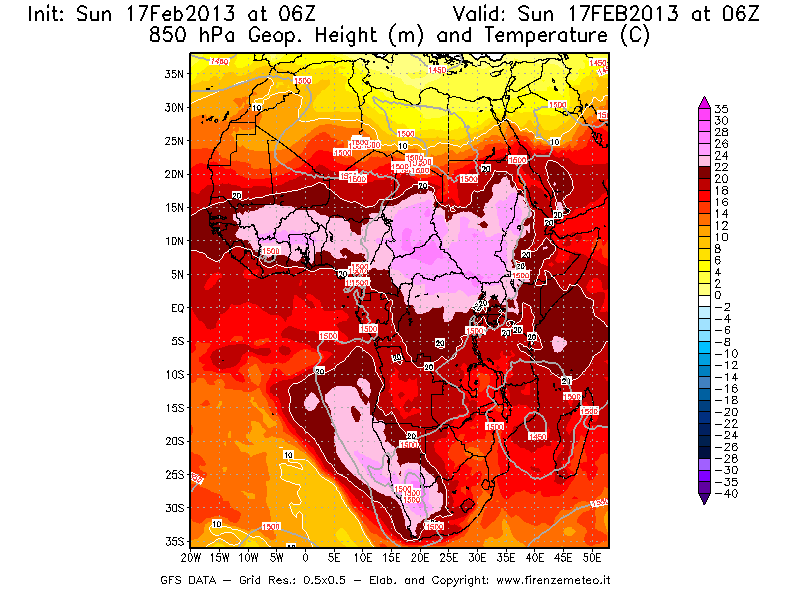 Mappa di analisi GFS - Geopotenziale [m] e Temperatura [°C] a 850 hPa in Africa
							del 17/02/2013 06 <!--googleoff: index-->UTC<!--googleon: index-->