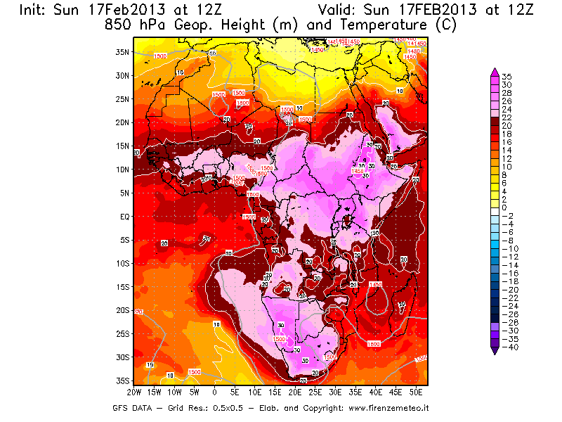 Mappa di analisi GFS - Geopotenziale [m] e Temperatura [°C] a 850 hPa in Africa
							del 17/02/2013 12 <!--googleoff: index-->UTC<!--googleon: index-->