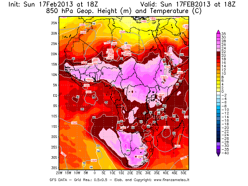 Mappa di analisi GFS - Geopotenziale [m] e Temperatura [°C] a 850 hPa in Africa
							del 17/02/2013 18 <!--googleoff: index-->UTC<!--googleon: index-->