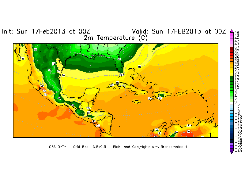 Mappa di analisi GFS - Temperatura a 2 metri dal suolo [°C] in Centro-America
							del 17/02/2013 00 <!--googleoff: index-->UTC<!--googleon: index-->