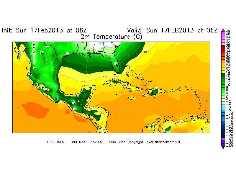 Mappa di analisi GFS - Temperatura a 2 metri dal suolo [°C] in Centro-America
							del 17/02/2013 06 <!--googleoff: index-->UTC<!--googleon: index-->