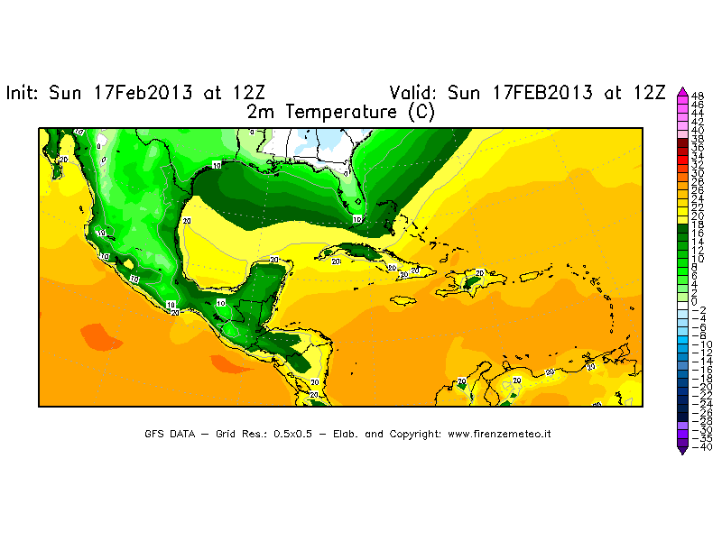 Mappa di analisi GFS - Temperatura a 2 metri dal suolo [°C] in Centro-America
							del 17/02/2013 12 <!--googleoff: index-->UTC<!--googleon: index-->