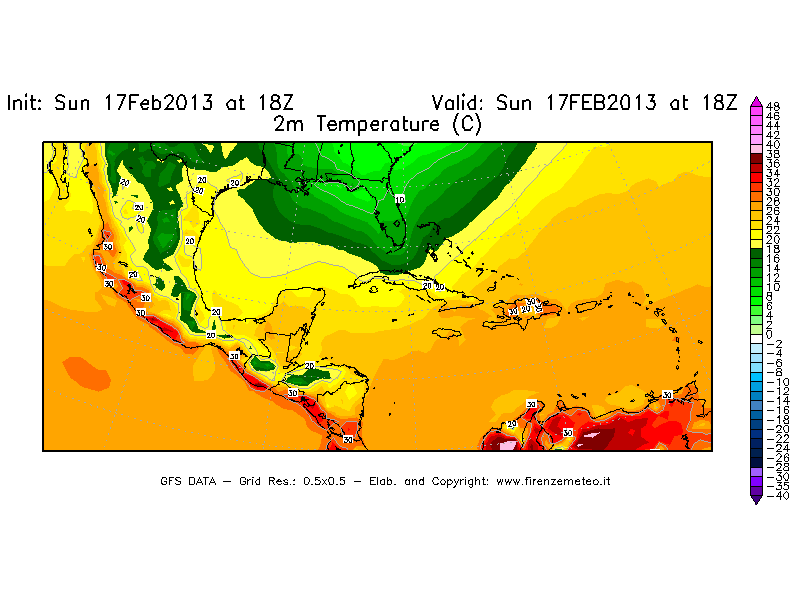 Mappa di analisi GFS - Temperatura a 2 metri dal suolo [°C] in Centro-America
							del 17/02/2013 18 <!--googleoff: index-->UTC<!--googleon: index-->