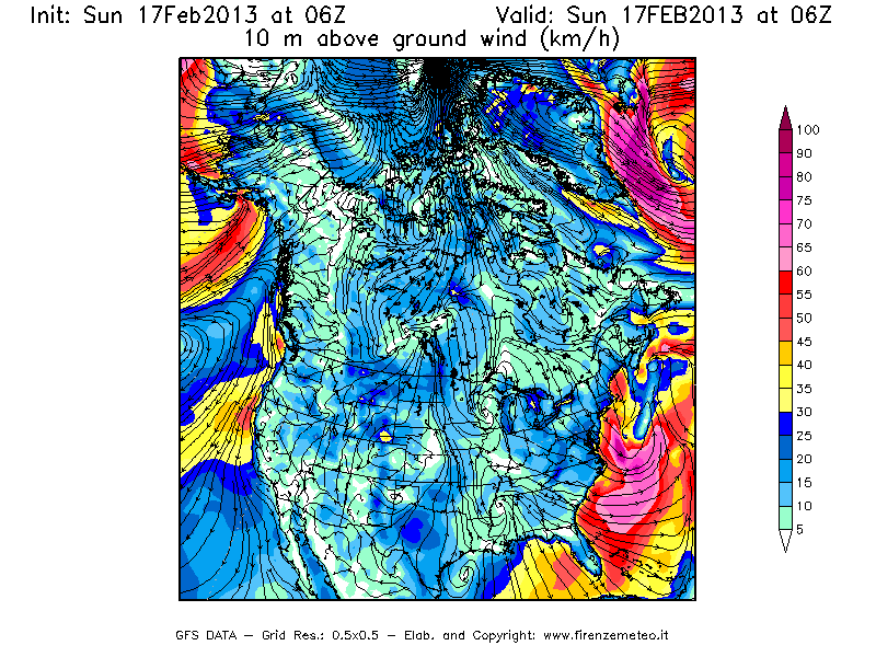 Mappa di analisi GFS - Velocità del vento a 10 metri dal suolo [km/h] in Nord-America
							del 17/02/2013 06 <!--googleoff: index-->UTC<!--googleon: index-->