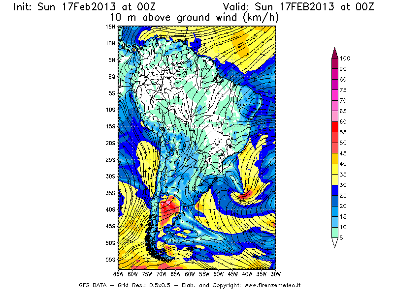 Mappa di analisi GFS - Velocità del vento a 10 metri dal suolo [km/h] in Sud-America
							del 17/02/2013 00 <!--googleoff: index-->UTC<!--googleon: index-->