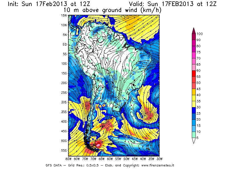 Mappa di analisi GFS - Velocità del vento a 10 metri dal suolo [km/h] in Sud-America
							del 17/02/2013 12 <!--googleoff: index-->UTC<!--googleon: index-->