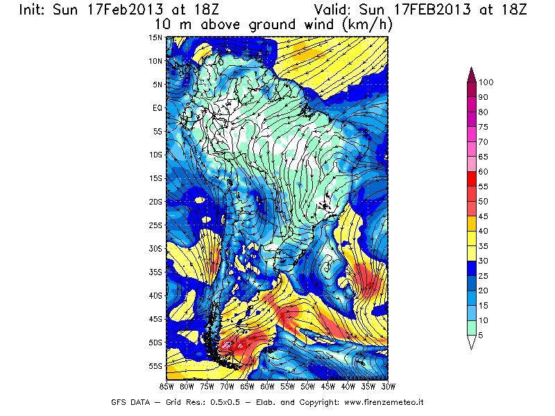 Mappa di analisi GFS - Velocità del vento a 10 metri dal suolo [km/h] in Sud-America
							del 17/02/2013 18 <!--googleoff: index-->UTC<!--googleon: index-->