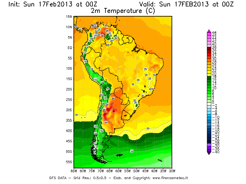 Mappa di analisi GFS - Temperatura a 2 metri dal suolo [°C] in Sud-America
							del 17/02/2013 00 <!--googleoff: index-->UTC<!--googleon: index-->