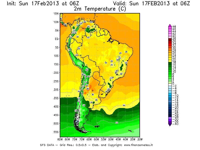 Mappa di analisi GFS - Temperatura a 2 metri dal suolo [°C] in Sud-America
							del 17/02/2013 06 <!--googleoff: index-->UTC<!--googleon: index-->