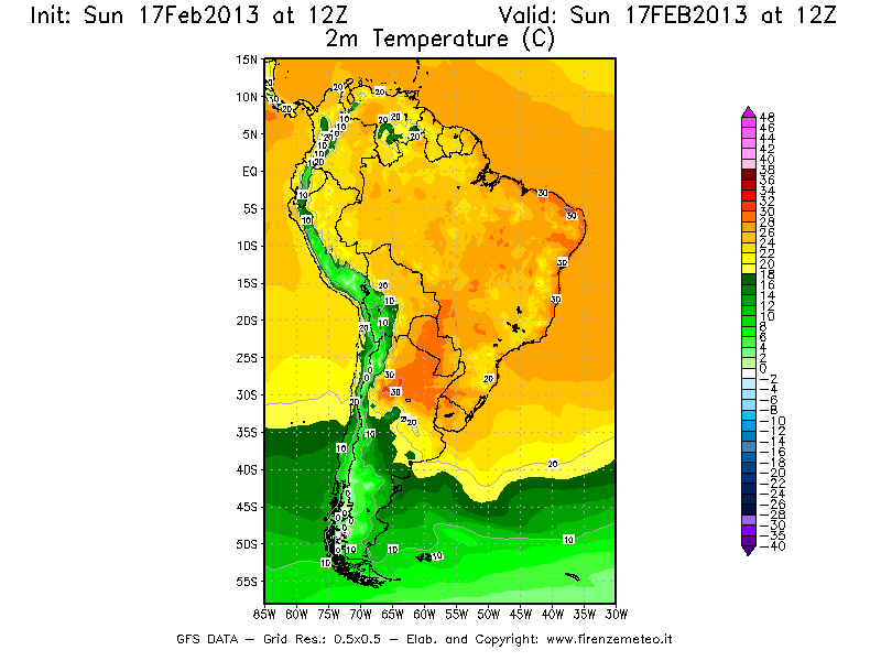 Mappa di analisi GFS - Temperatura a 2 metri dal suolo [°C] in Sud-America
							del 17/02/2013 12 <!--googleoff: index-->UTC<!--googleon: index-->
