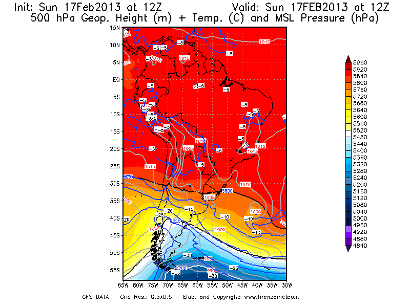 Mappa di analisi GFS - Geopotenziale [m] + Temp. [°C] a 500 hPa + Press. a livello del mare [hPa] in Sud-America
							del 17/02/2013 12 <!--googleoff: index-->UTC<!--googleon: index-->