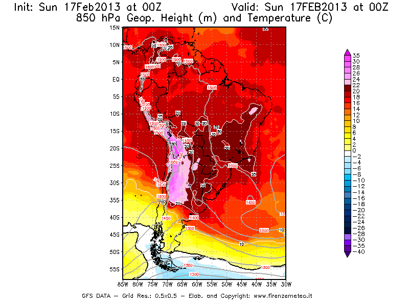 Mappa di analisi GFS - Geopotenziale [m] e Temperatura [°C] a 850 hPa in Sud-America
							del 17/02/2013 00 <!--googleoff: index-->UTC<!--googleon: index-->