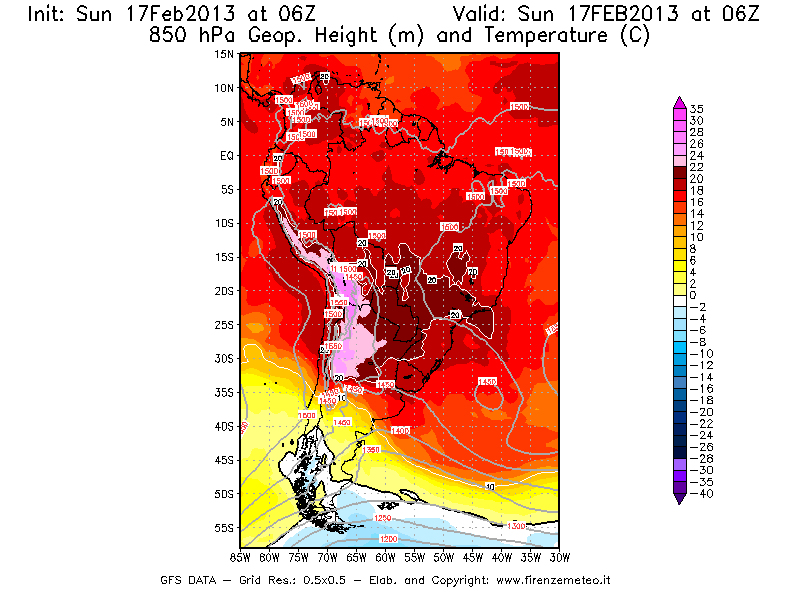 Mappa di analisi GFS - Geopotenziale [m] e Temperatura [°C] a 850 hPa in Sud-America
							del 17/02/2013 06 <!--googleoff: index-->UTC<!--googleon: index-->
