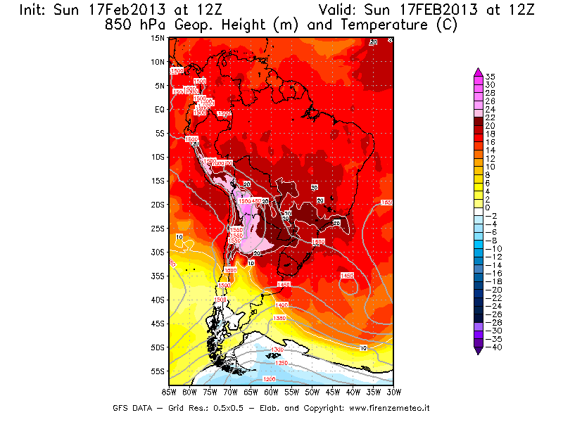 Mappa di analisi GFS - Geopotenziale [m] e Temperatura [°C] a 850 hPa in Sud-America
							del 17/02/2013 12 <!--googleoff: index-->UTC<!--googleon: index-->