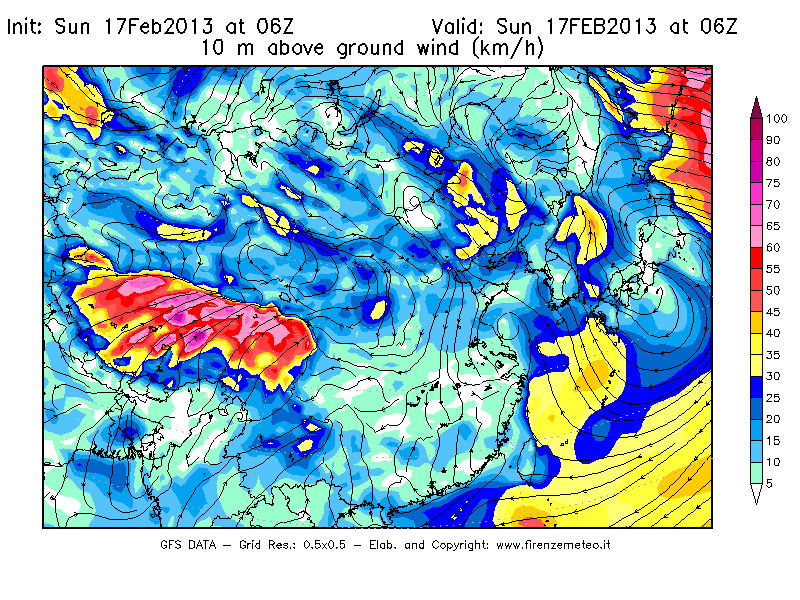 Mappa di analisi GFS - Velocità del vento a 10 metri dal suolo [km/h] in Asia Orientale
							del 17/02/2013 06 <!--googleoff: index-->UTC<!--googleon: index-->
