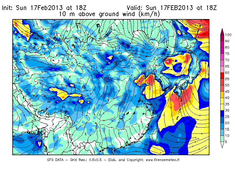Mappa di analisi GFS - Velocità del vento a 10 metri dal suolo [km/h] in Asia Orientale
							del 17/02/2013 18 <!--googleoff: index-->UTC<!--googleon: index-->
