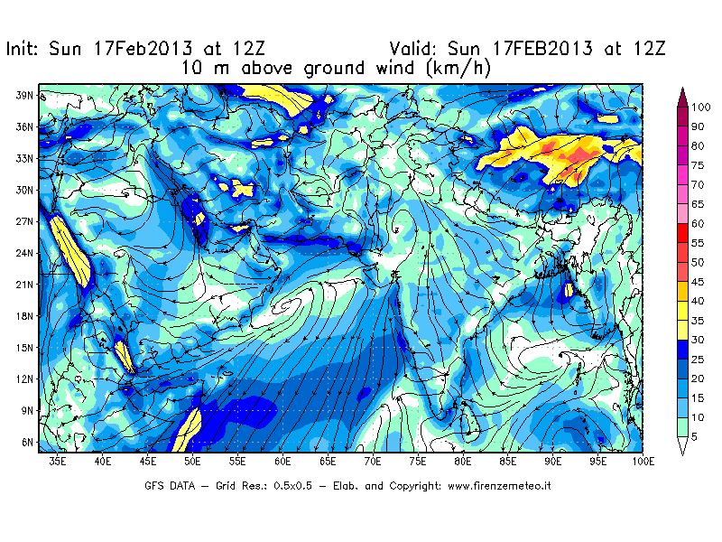 Mappa di analisi GFS - Velocità del vento a 10 metri dal suolo [km/h] in Asia Sud-Occidentale
							del 17/02/2013 12 <!--googleoff: index-->UTC<!--googleon: index-->