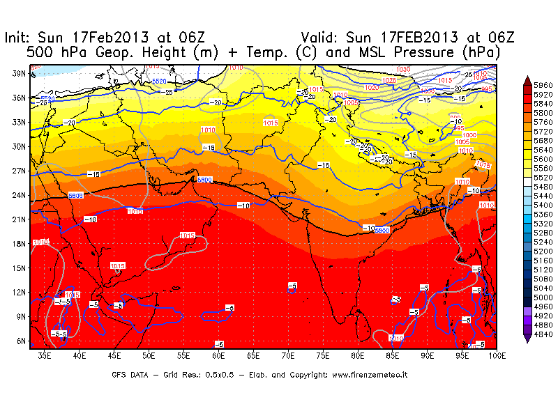 Mappa di analisi GFS - Geopotenziale [m] + Temp. [°C] a 500 hPa + Press. a livello del mare [hPa] in Asia Sud-Occidentale
							del 17/02/2013 06 <!--googleoff: index-->UTC<!--googleon: index-->