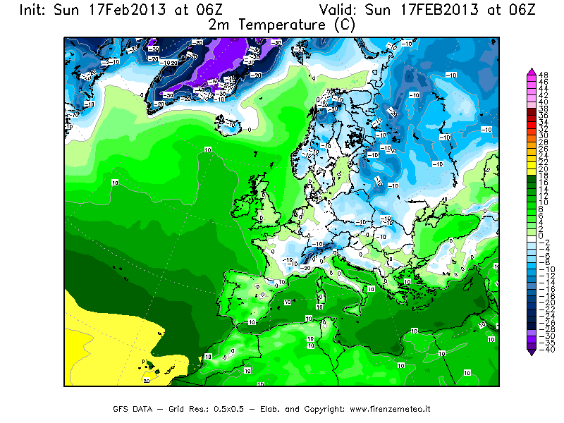 Mappa di analisi GFS - Temperatura a 2 metri dal suolo [°C] in Europa
							del 17/02/2013 06 <!--googleoff: index-->UTC<!--googleon: index-->