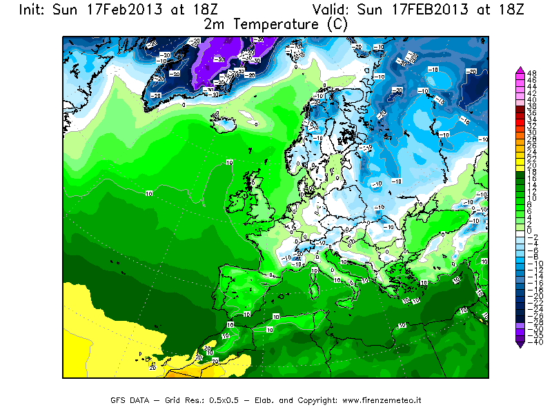 Mappa di analisi GFS - Temperatura a 2 metri dal suolo [°C] in Europa
							del 17/02/2013 18 <!--googleoff: index-->UTC<!--googleon: index-->