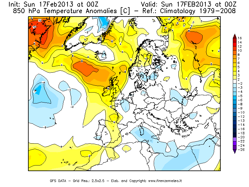 Mappa di analisi GFS - Anomalia Temperatura [°C] a 850 hPa in Europa
							del 17/02/2013 00 <!--googleoff: index-->UTC<!--googleon: index-->