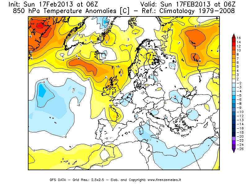 Mappa di analisi GFS - Anomalia Temperatura [°C] a 850 hPa in Europa
							del 17/02/2013 06 <!--googleoff: index-->UTC<!--googleon: index-->