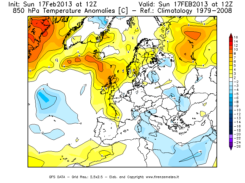 Mappa di analisi GFS - Anomalia Temperatura [°C] a 850 hPa in Europa
							del 17/02/2013 12 <!--googleoff: index-->UTC<!--googleon: index-->