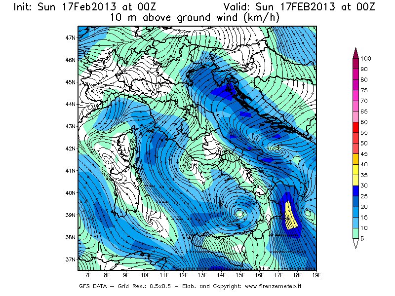 Mappa di analisi GFS - Velocità del vento a 10 metri dal suolo [km/h] in Italia
							del 17/02/2013 00 <!--googleoff: index-->UTC<!--googleon: index-->
