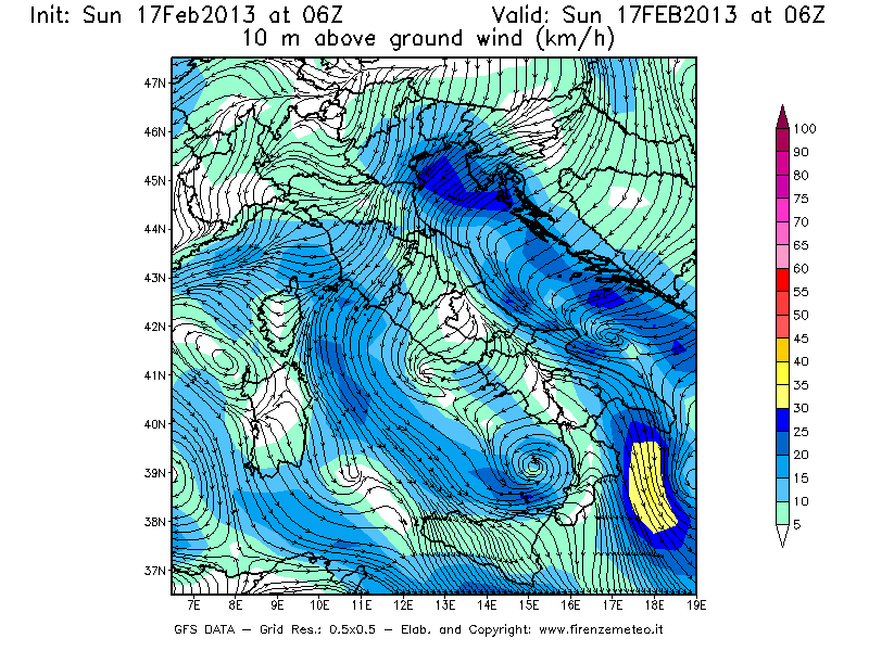 Mappa di analisi GFS - Velocità del vento a 10 metri dal suolo [km/h] in Italia
							del 17/02/2013 06 <!--googleoff: index-->UTC<!--googleon: index-->