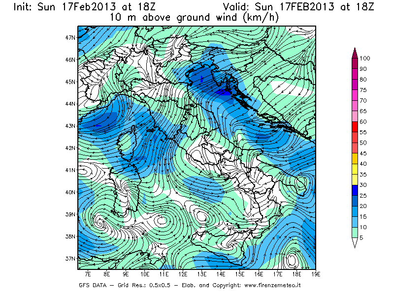 Mappa di analisi GFS - Velocità del vento a 10 metri dal suolo [km/h] in Italia
							del 17/02/2013 18 <!--googleoff: index-->UTC<!--googleon: index-->