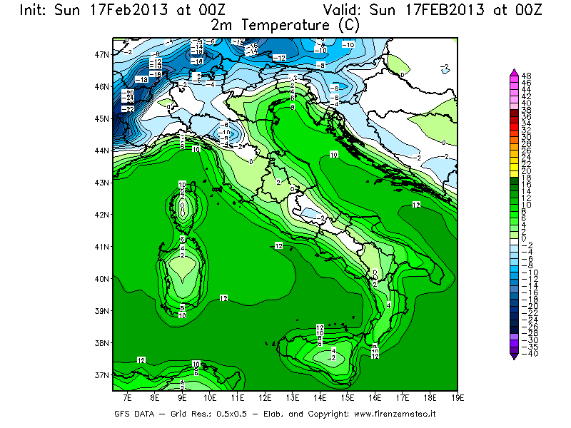 Mappa di analisi GFS - Temperatura a 2 metri dal suolo [°C] in Italia
							del 17/02/2013 00 <!--googleoff: index-->UTC<!--googleon: index-->