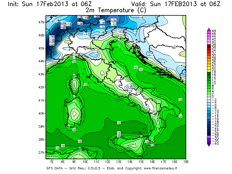 Mappa di analisi GFS - Temperatura a 2 metri dal suolo [°C] in Italia
							del 17/02/2013 06 <!--googleoff: index-->UTC<!--googleon: index-->