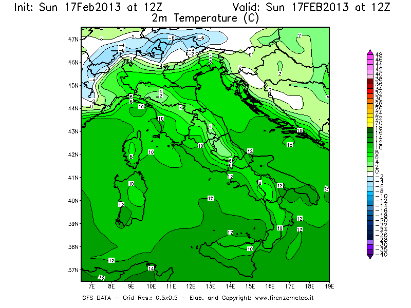 Mappa di analisi GFS - Temperatura a 2 metri dal suolo [°C] in Italia
							del 17/02/2013 12 <!--googleoff: index-->UTC<!--googleon: index-->