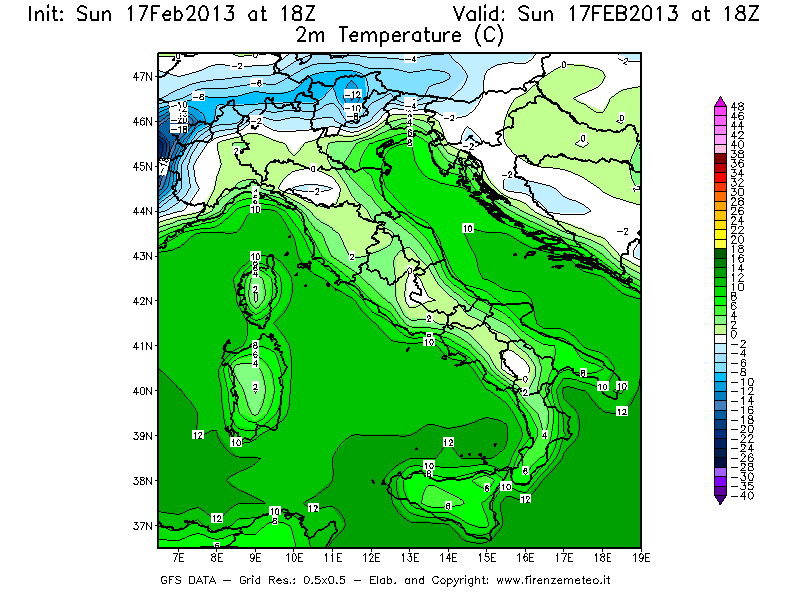 Mappa di analisi GFS - Temperatura a 2 metri dal suolo [°C] in Italia
							del 17/02/2013 18 <!--googleoff: index-->UTC<!--googleon: index-->
