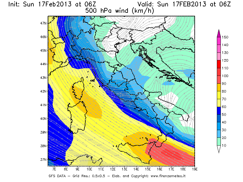 Mappa di analisi GFS - Velocità del vento a 500 hPa [km/h] in Italia
							del 17/02/2013 06 <!--googleoff: index-->UTC<!--googleon: index-->
