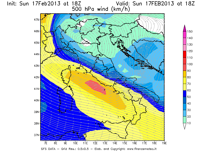 Mappa di analisi GFS - Velocità del vento a 500 hPa [km/h] in Italia
							del 17/02/2013 18 <!--googleoff: index-->UTC<!--googleon: index-->