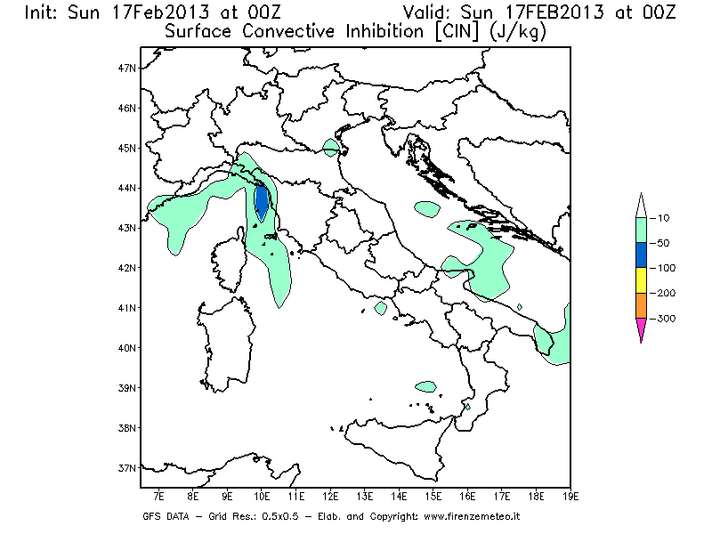 Mappa di analisi GFS - CIN [J/kg] in Italia
							del 17/02/2013 00 <!--googleoff: index-->UTC<!--googleon: index-->