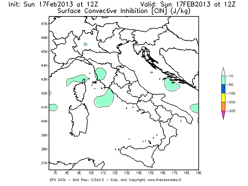 Mappa di analisi GFS - CIN [J/kg] in Italia
							del 17/02/2013 12 <!--googleoff: index-->UTC<!--googleon: index-->