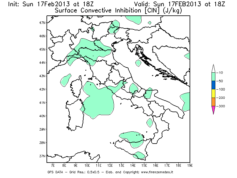Mappa di analisi GFS - CIN [J/kg] in Italia
							del 17/02/2013 18 <!--googleoff: index-->UTC<!--googleon: index-->